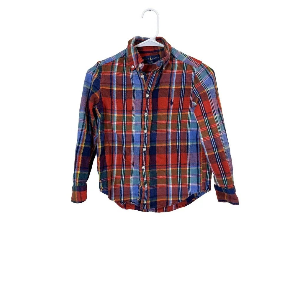 Polo Ralph Lauren Shirt Boys Small 8 Red Blue Plaid Flannel Button‎ Down Tartan